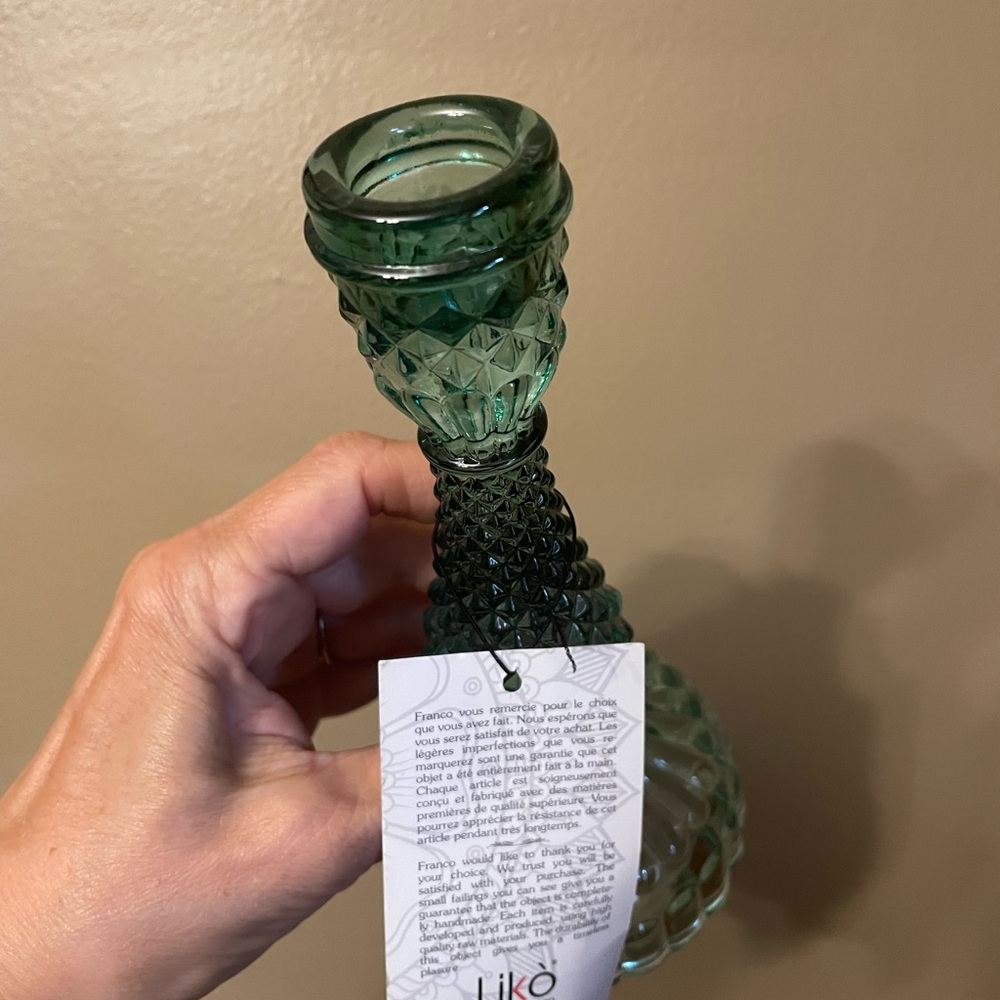 Set of two - 7” Green Glass Candle Holders